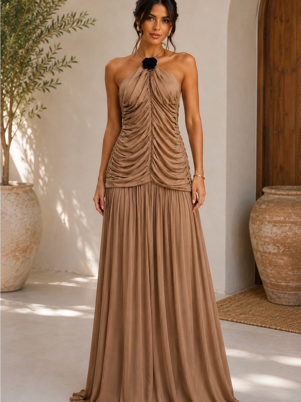 Elegant Brown Maxi Dress with Ruched Bodice